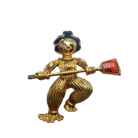 Vintage Avon Scarecrow Gold Tone Brooch Black Orange Enamel Halloween Rare Pin - Picture 2 of 5